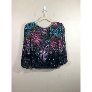 Vintage Swee Lo Womens Silk Beaded Sequined Shirt L Black 80s Glam Gala Party